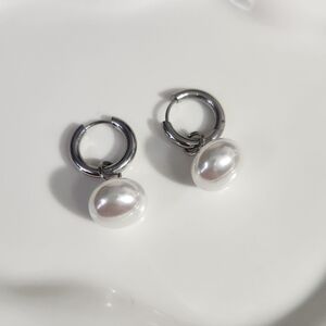 Stainless Steel Faux Pearl Charm Hoop Earrings